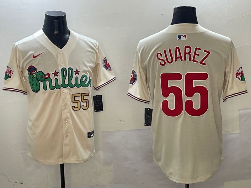 Men Philadelphia Phillies #55 Suarez Cream Three generations Joint Name Game 2025 Nike MLB Jersey style 4